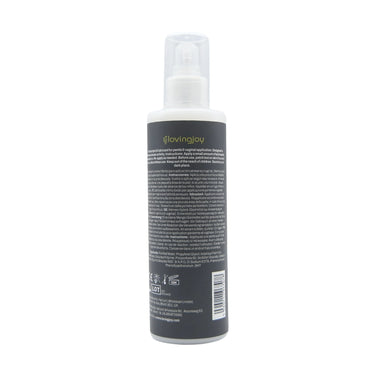 Back view of Loving Joy Silk Hybrid Lubricant 250ml spray bottle, featuring ingredient information and usage instructions in an elegant presentation.